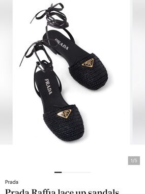Prada Black Raffia Lace-Up Flat Sandals with Gold Logo